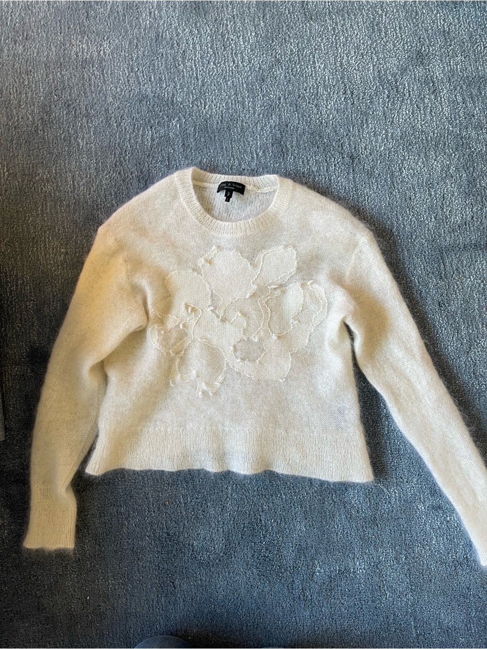 Rag & Bone Mohair Silk Cream Floral Appliqué Cropped Sweater